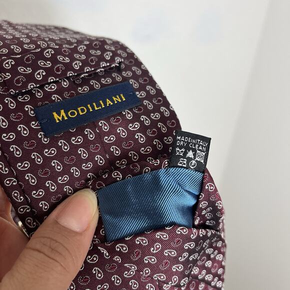 Modiliani 100% Silk Necktie made in Italy, paisley print burgundy, classic - Picture 6 of 6